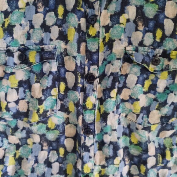 Kim Rogers Petite Large Linen Button Front Shirt Blue Green Abstract Print Roll - Picture 3 of 5